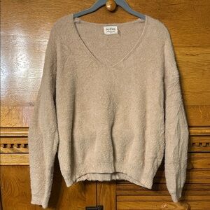 Ivy & Leo Tan Fuzzy V-Neck Sweater Relaxed Minimalist Cozy Soft Classic